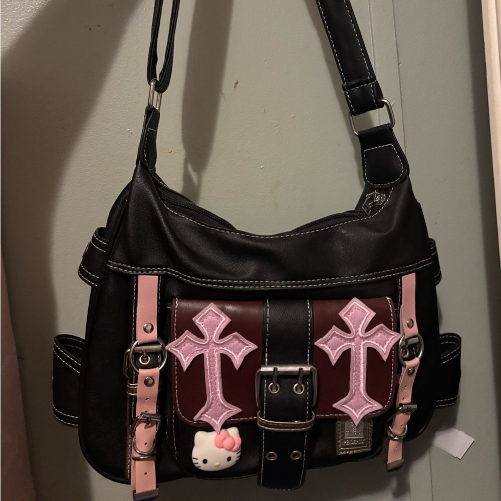 New Women's Black Handbag with Pink Cross Accents Featuring Hello Kitty